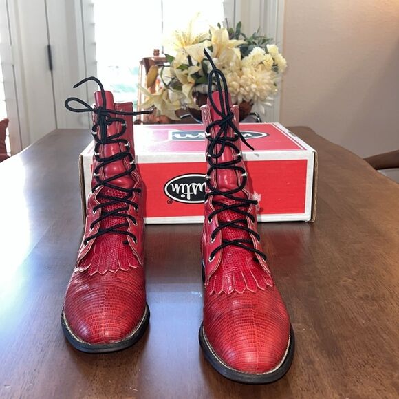 Vintage 1994 Justin Red Lizard & Kipskin Kilted Roper Boots Women’s 7.5B Rare - Picture 3 of 14